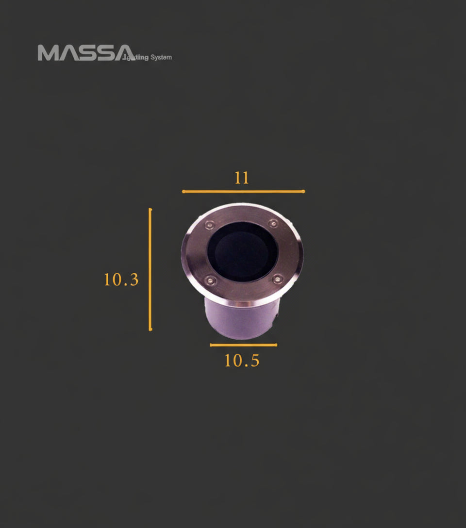In-ground light fixture with dimensions on a dark background, featuring the MASSA brand.